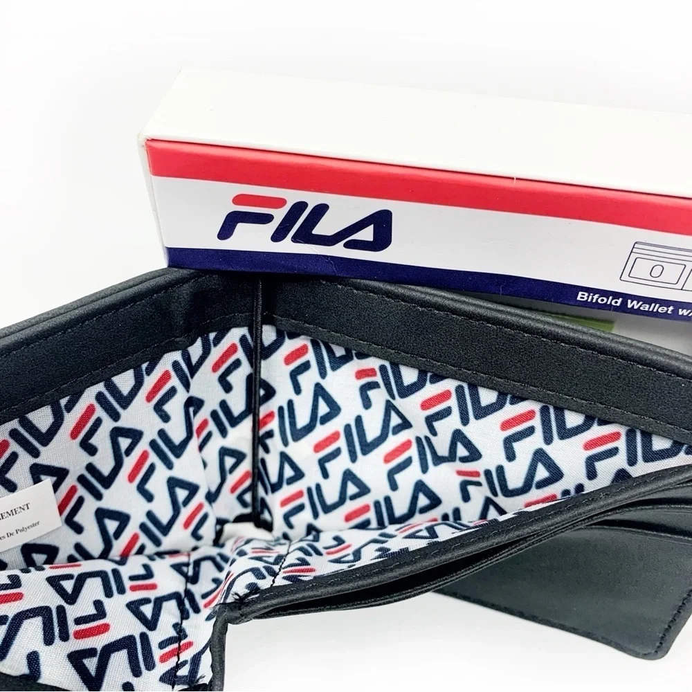 Fila Black Bifold Wallet • Logo Front • 7 Card Slots • ID Window • Gift Box